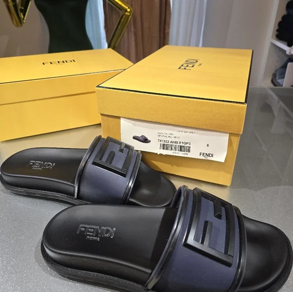 Fendi Roma Men\'s size 7 Black and Yellow Slides Fendi | Shoes | Fendi Roma Italy Pool Slides Sandals Ff  main image 2